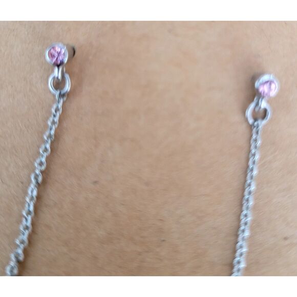 2-1/2" Faux Pearl Dangle on a Silver Chain from a Pink Crystal Post Earrings - Picture 4 of 4